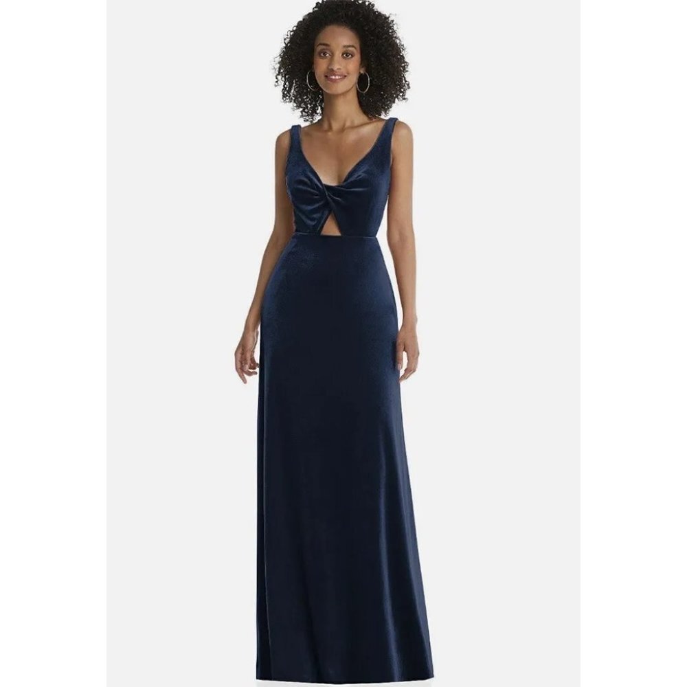 Lovely Blue Velvet Front Twist Cutout Sleeveless Gown Bridesmaid